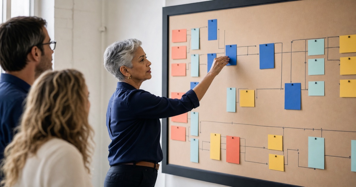 A senior operations lead places a planning card on a wall-sized operating model while colleagues observe.
