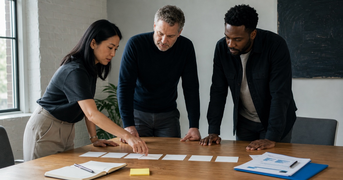 A three-person operating team arranges six planning cards during a working session.