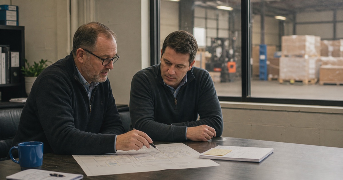 Two operators review a workflow map in an office overlooking a distribution warehouse.